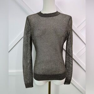 Ronny Kobo Metallic Mesh Knit Sweater Gold Black Sheer Crewneck Size Small